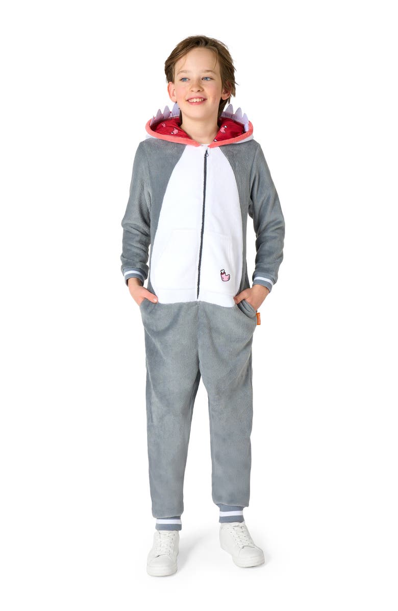 OppoSuits Kids' Shark One Piece Hooded Jumpsuit, Main, color, Grey