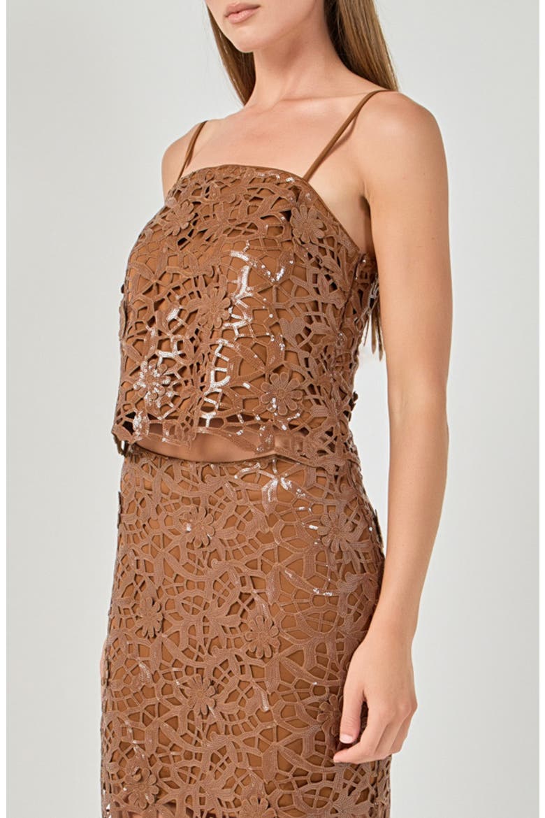 Sequin Floral Lace Cami Top, Alternate, color, DARK BROWN