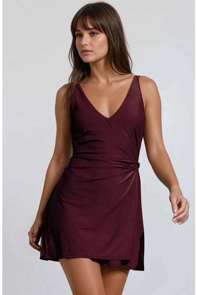 Alana Wrap-Style Swim Dress With Hidden Bottoms and Adjustable Straps, Main, color, Wine