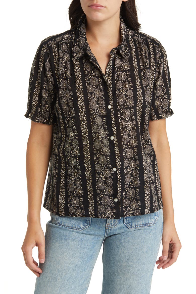 The Kerchief Short Sleeve Cotton Button-Up Shirt, Main, color, BLACK /CREAM TOKEN FLORAL