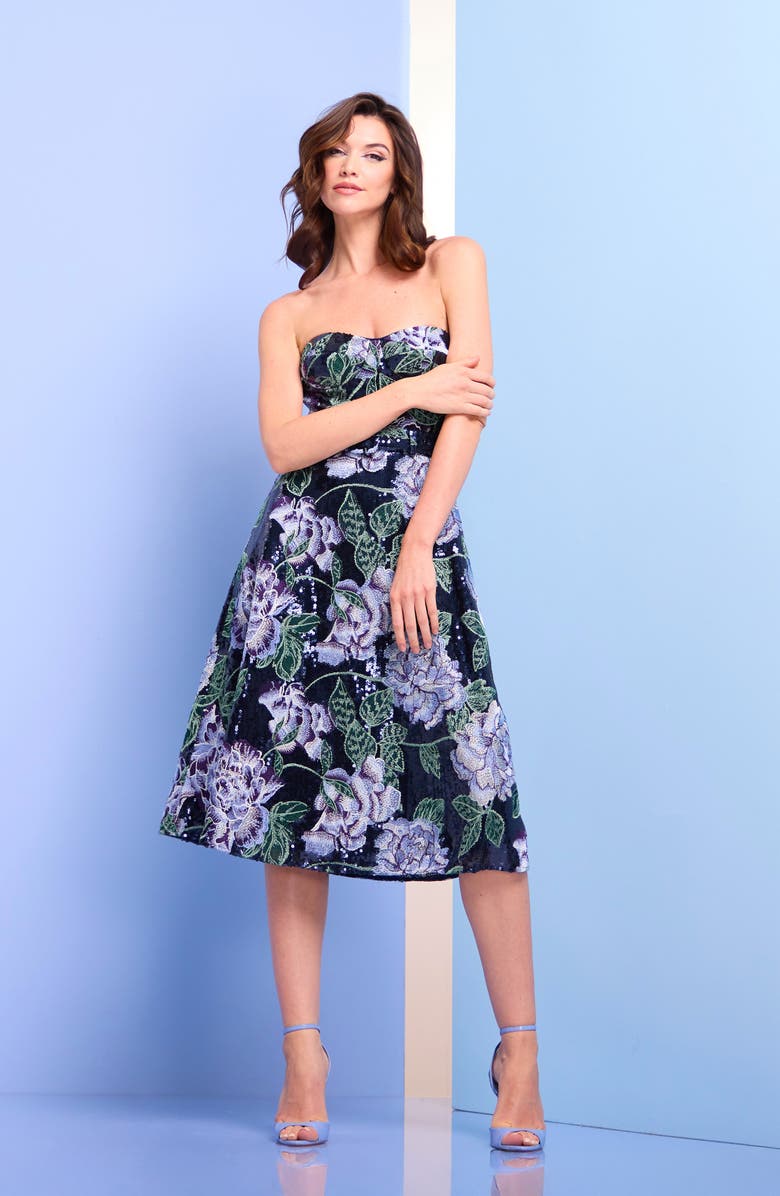 Dress the Population Carlita Embroidered Sequin Floral Strapless Cocktail Midi Dress, Alternate, color, Navy Multi