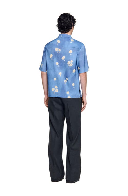 Sandro Mens Blue Office Floral-print Regular-fit Stretch Linen-blend Shirt In Blue