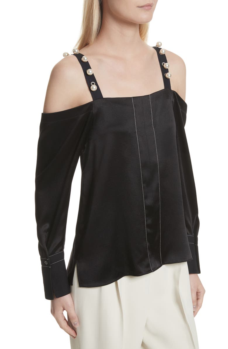 3.1 Phillip Lim Faux Pearl Strap Silk Cold Shoulder Top, Alternate, color, 