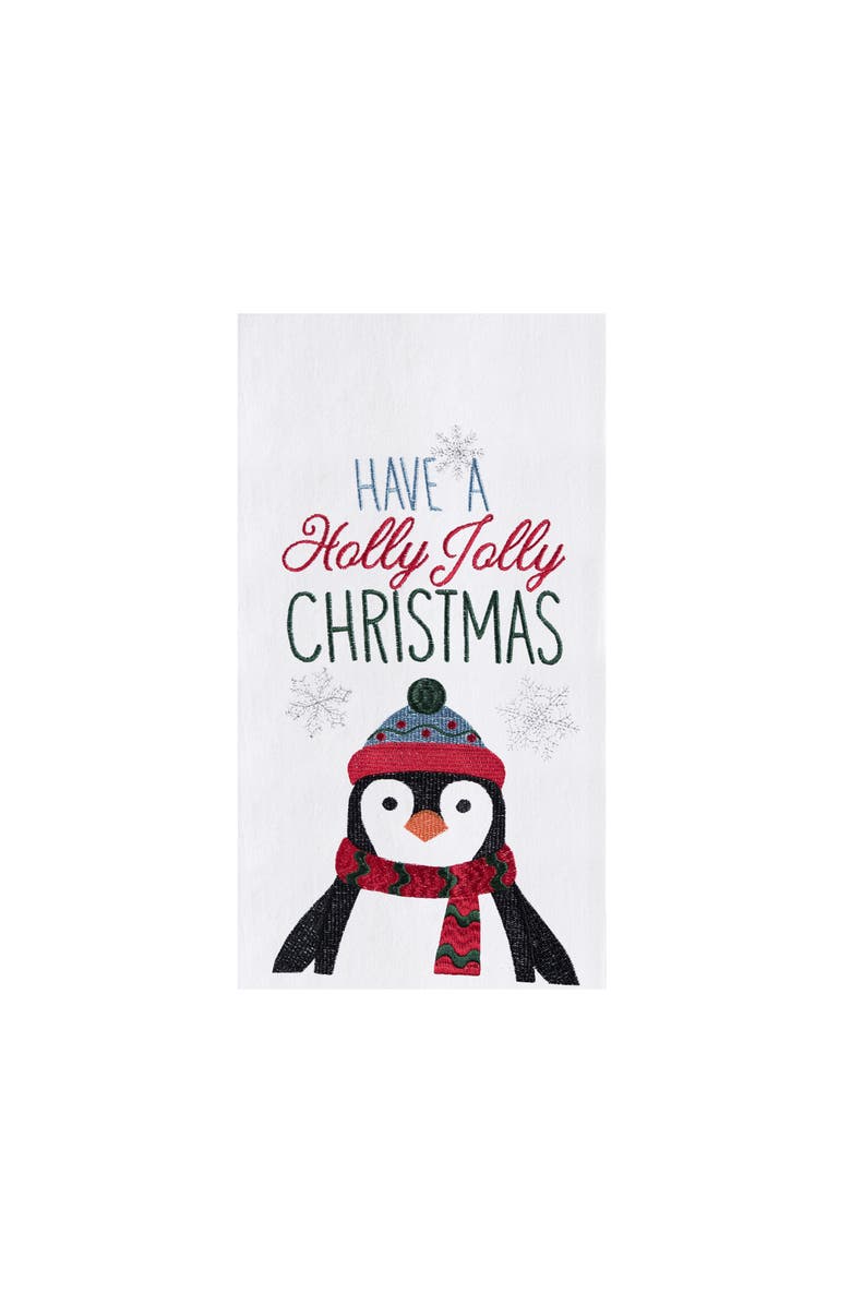 C&F Home Christmas "Have a Holly Jolly Christmas" Sentiment Penguin Cotton Flour Sack Kitchen Dish Towel 27L x 18W in., Main, color, White