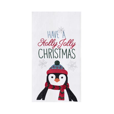 Christmas "Have a Holly Jolly Christmas" Sentiment Penguin Cotton Flour Sack Kitchen Dish Towel   27L x 18W in.