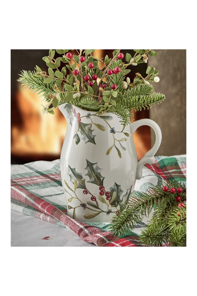 Winter Sprig Ceramic Beverage Pitcher Multicolor Hand Wash, Alternate, color, White