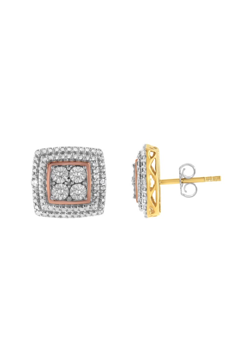 Silver Diamond Accented Square Shaped Milgrain Stud Earrings, Main, color, Tri Tone