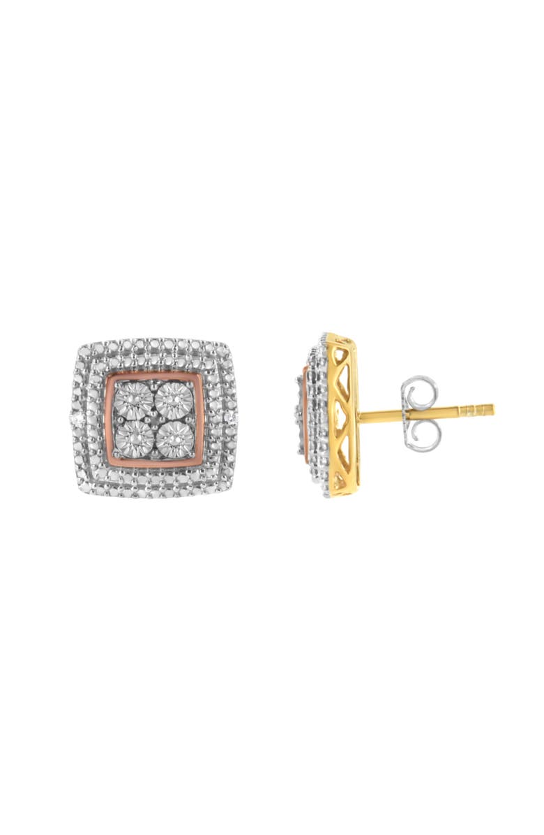 Haus of Brilliance Silver Diamond Accented Square Shaped Milgrain Stud Earrings, Main, color, Tri Tone