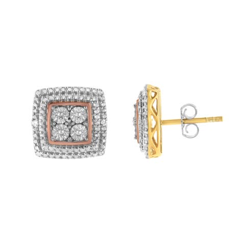 Silver Diamond Accented Square Shaped Milgrain Stud Earrings