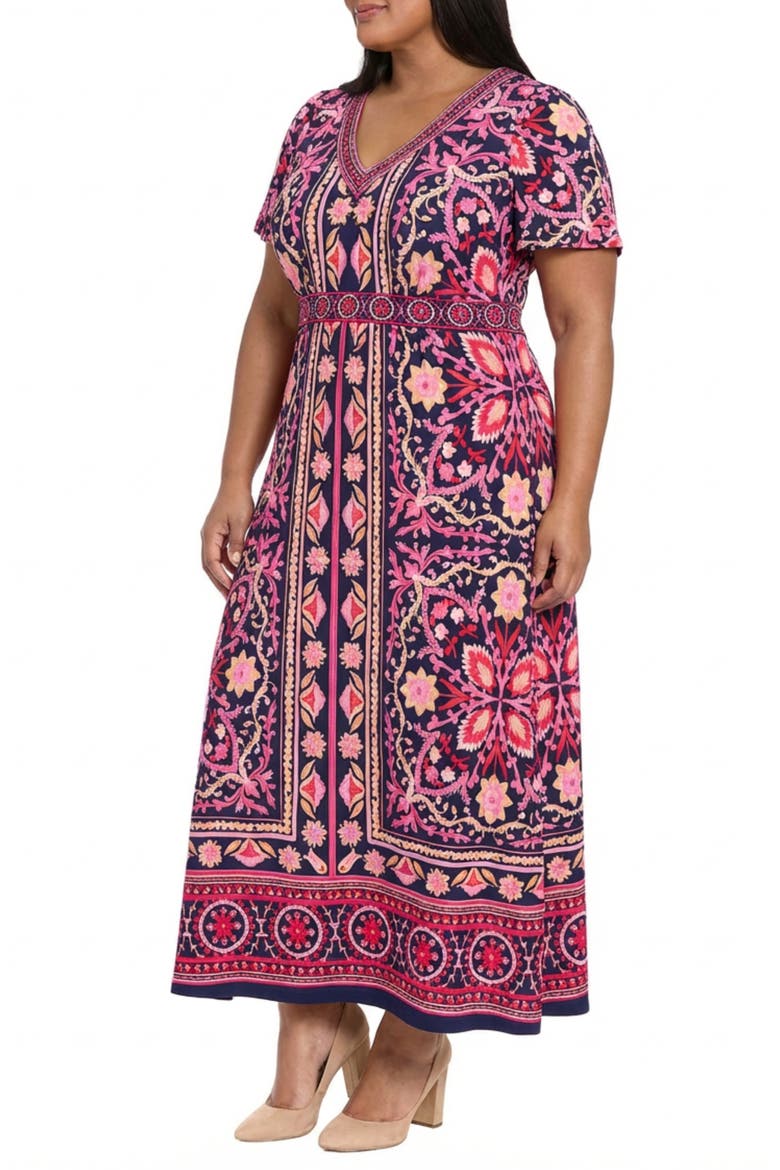 Short Sleeve Maxi Dress, Alternate, color, NAVY/ PINK PEACOCK