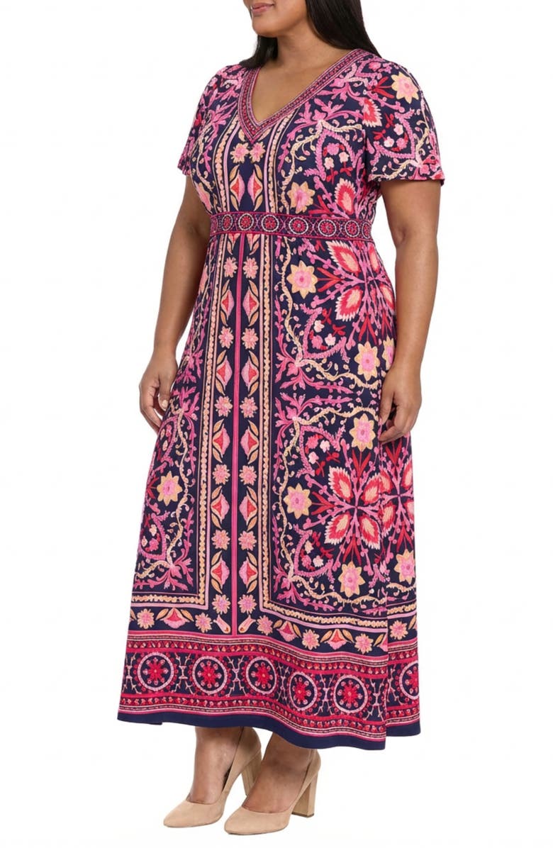 London Times Short Sleeve Maxi Dress, Alternate, color, Navy/ Pink Peacock