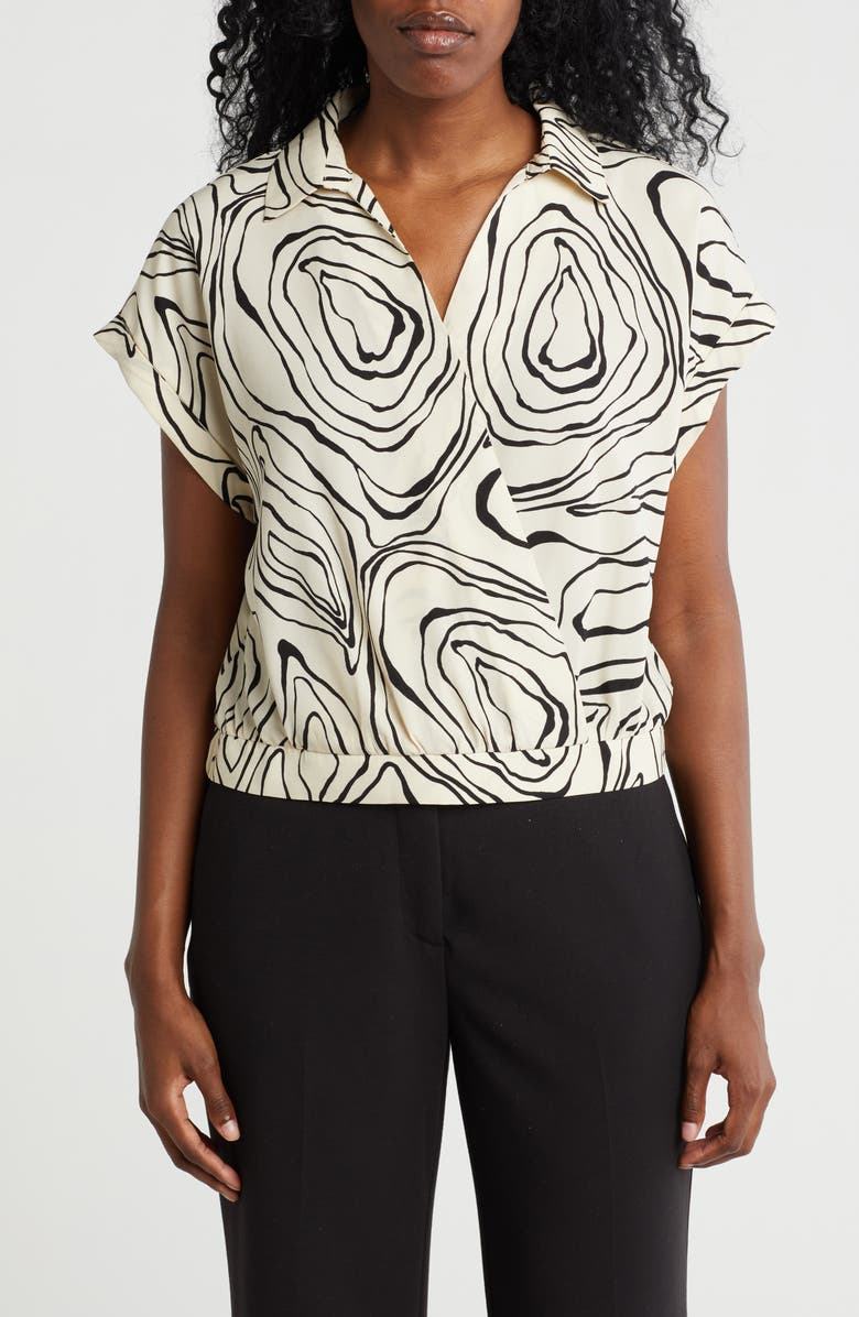 Pleione Collared Short Sleeve Faux Wrap Crop Top, Main, color, Ivory Black Topo Swirl