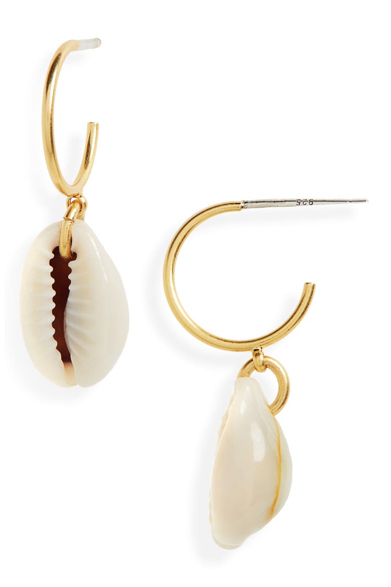 Cowrie Shell Mini Hoop Earrings, Main, color, SHELL/ VINTAGE GOLD