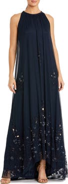 Mac Duggal High Neck Floral Embellished Trapeze Gown