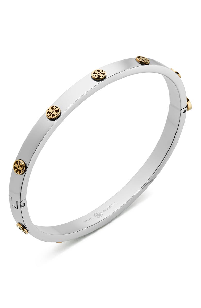 Tory Burch Thin Icon Hinge Bracelet, Alternate, color, Tory Silver/ Tory Gold
