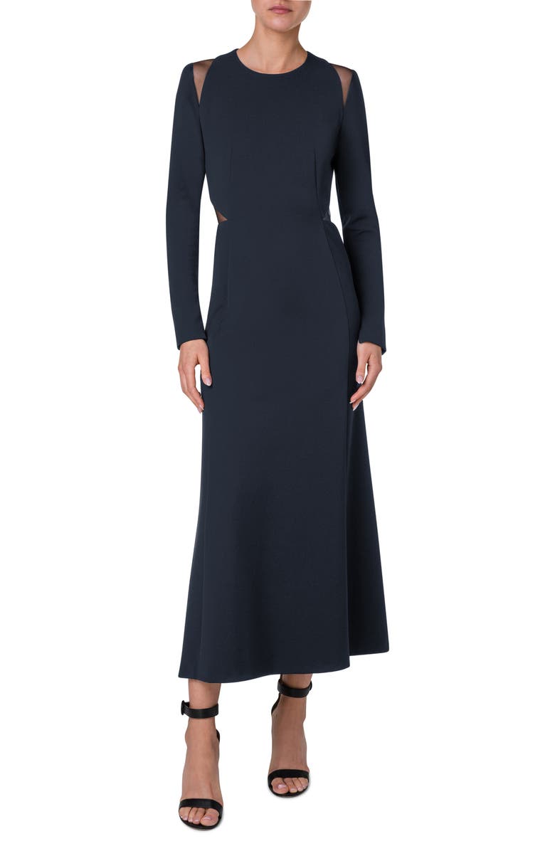 Akris Cutout Detail Long Sleeve Stretch Silk Midi Dress, Main, color, 179 Denim