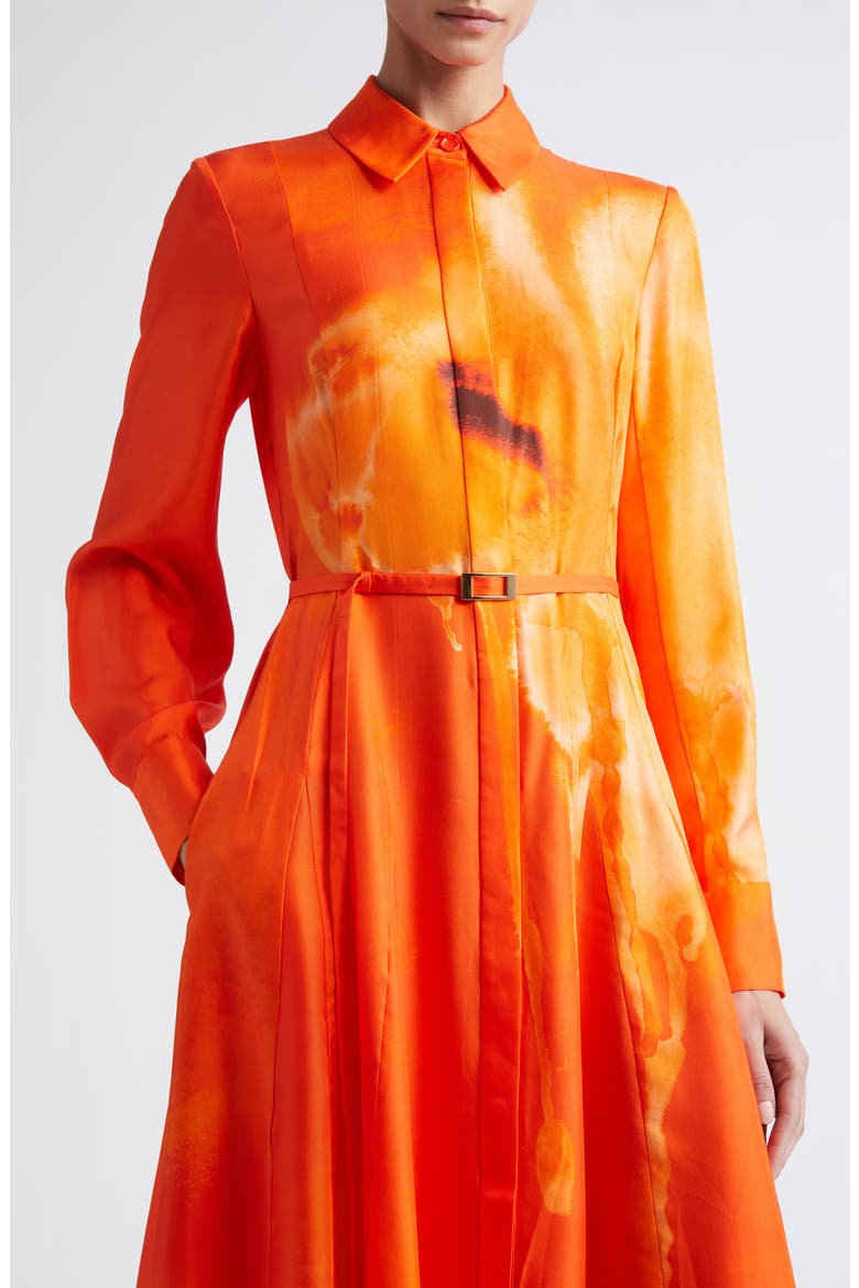 Watercolor Floral Print Pleated Long Sleeve Silk Twill Shirtdress, Alternate, color, PAPAYA CHALK MULTI