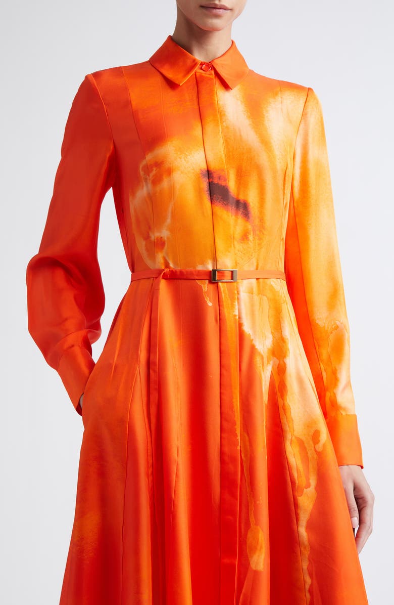 Jason Wu Collection Watercolor Floral Print Pleated Long Sleeve Silk Twill Shirtdress, Alternate, color, Papaya Chalk Multi