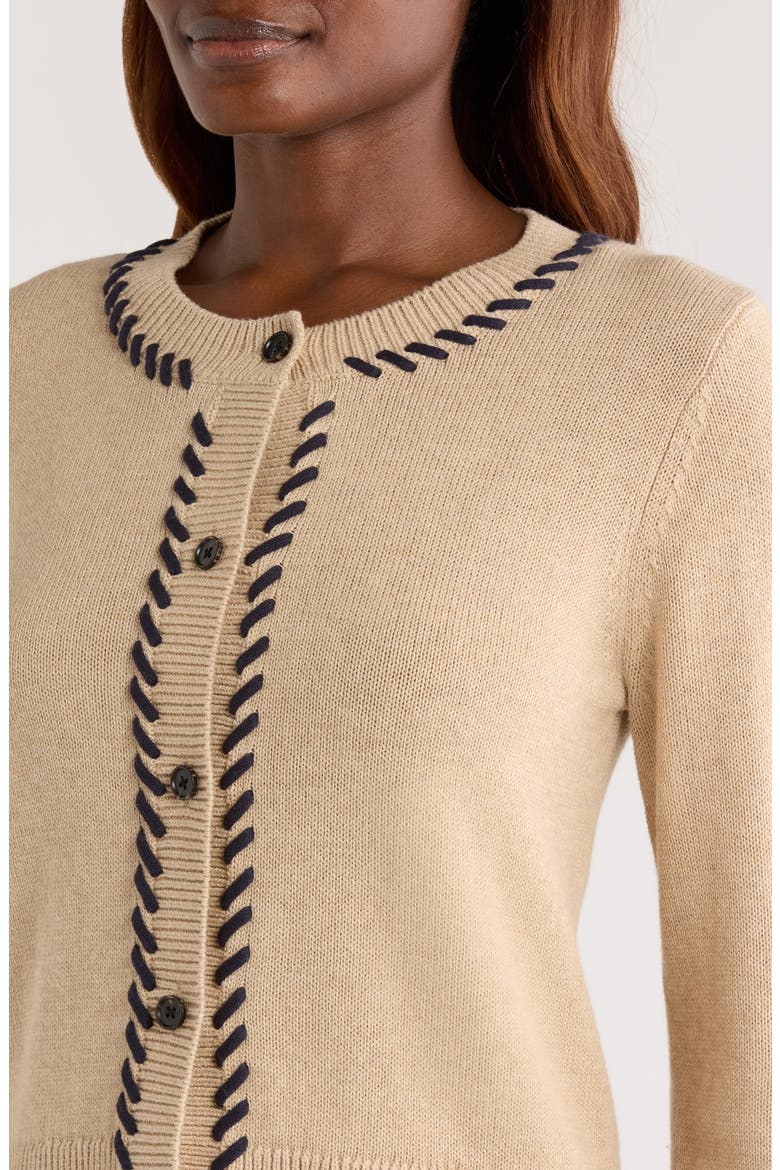 Norah Contrast Detail Cotton Blend Cardigan, Alternate, color, OAT NAVY BLANKET STITCH