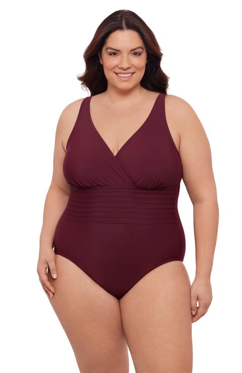 Plus Size V-Neck Surplice Trim Overlay Full Coverage One-Piece Swimsuit