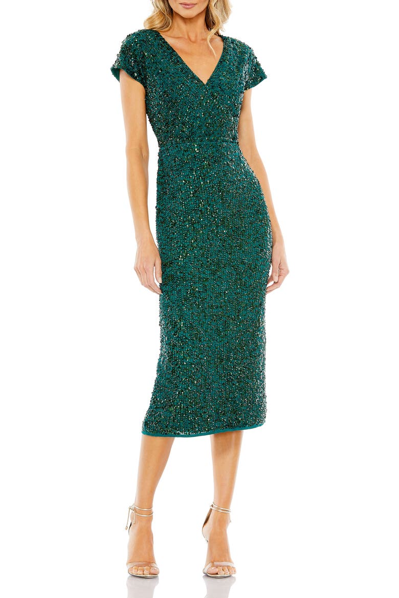 Sequined Short Sleeve Wrap Over Cocktail Dress, Main, color, Deep Emerald