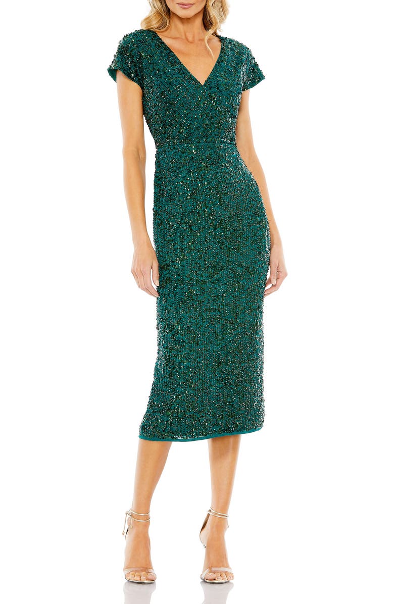 Mac Duggal Sequined Short Sleeve Wrap Over Cocktail Dress, Main, color, Deep Emerald