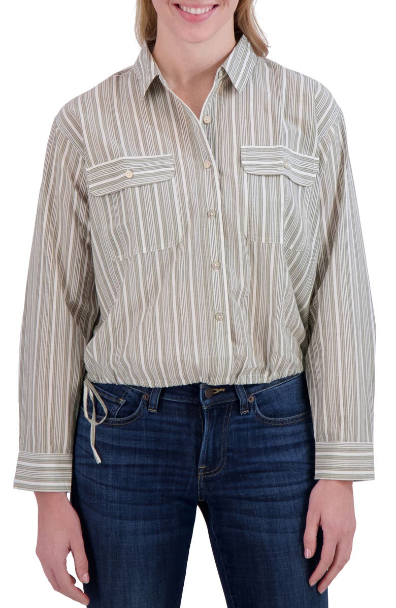 Lucky Brand Stripe Cinch Hem Button-Up Shirt, Main, color, Olive Stripe