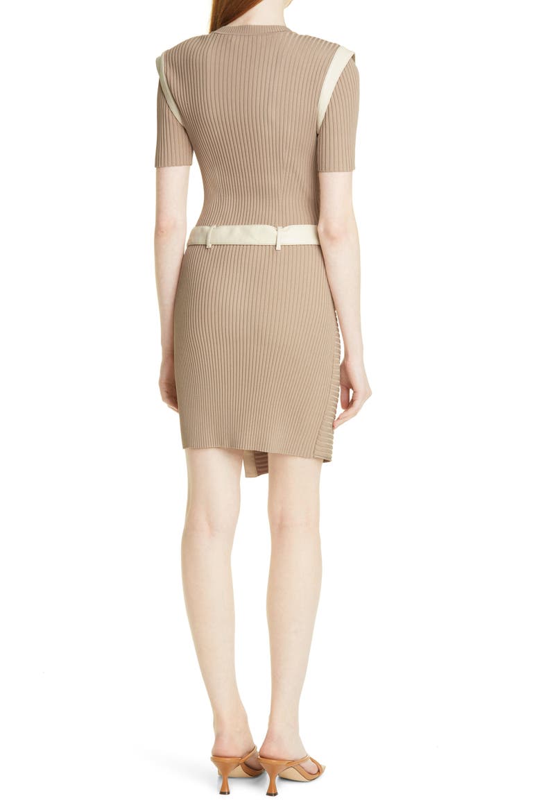 Jonathan Simkhai Hardin Compact Ribbed Belted Short Sleeve Dress, Alternate, color, TAN/ PAPYRUS