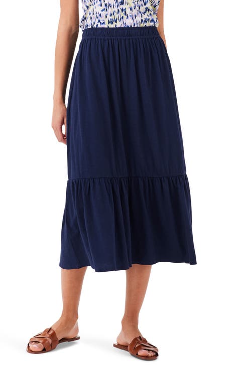 Tiered Cotton Blend A-Line Midi Skirt