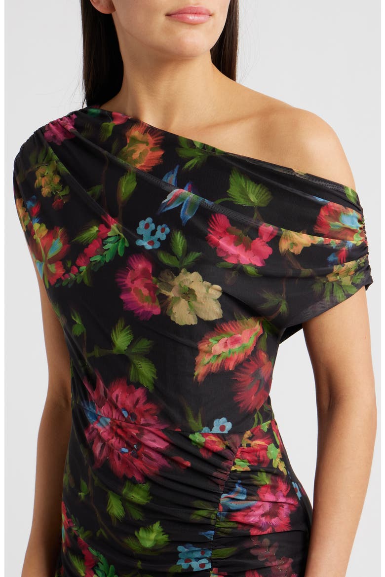 Floral One-Shoulder Mesh Maxi Dress, Alternate, color, BLACK