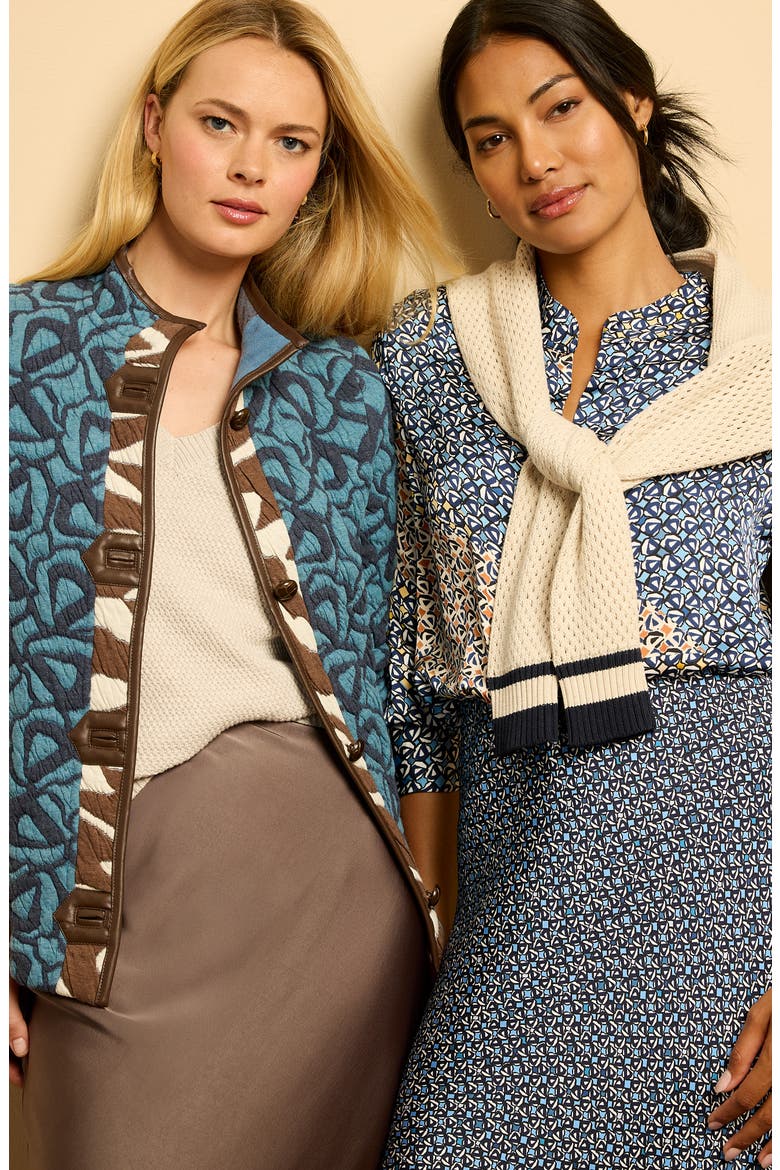 Quilted Faux Leather Trim Jacket, Alternate, color, BLUE MULTI
