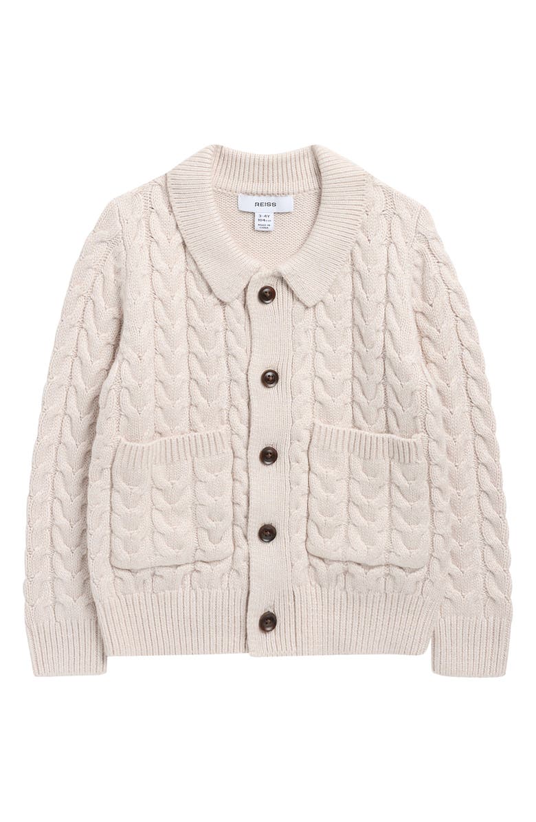 Reiss Kids' Fleet Cable Knit Cardigan, Main, color, Oatmeal Melange