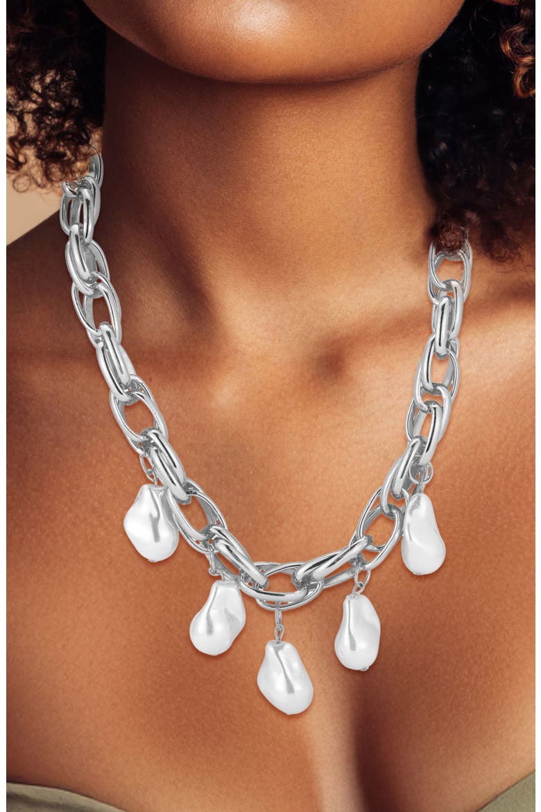 Faux Pearl Charm Necklace, Alternate, color, SILVER
