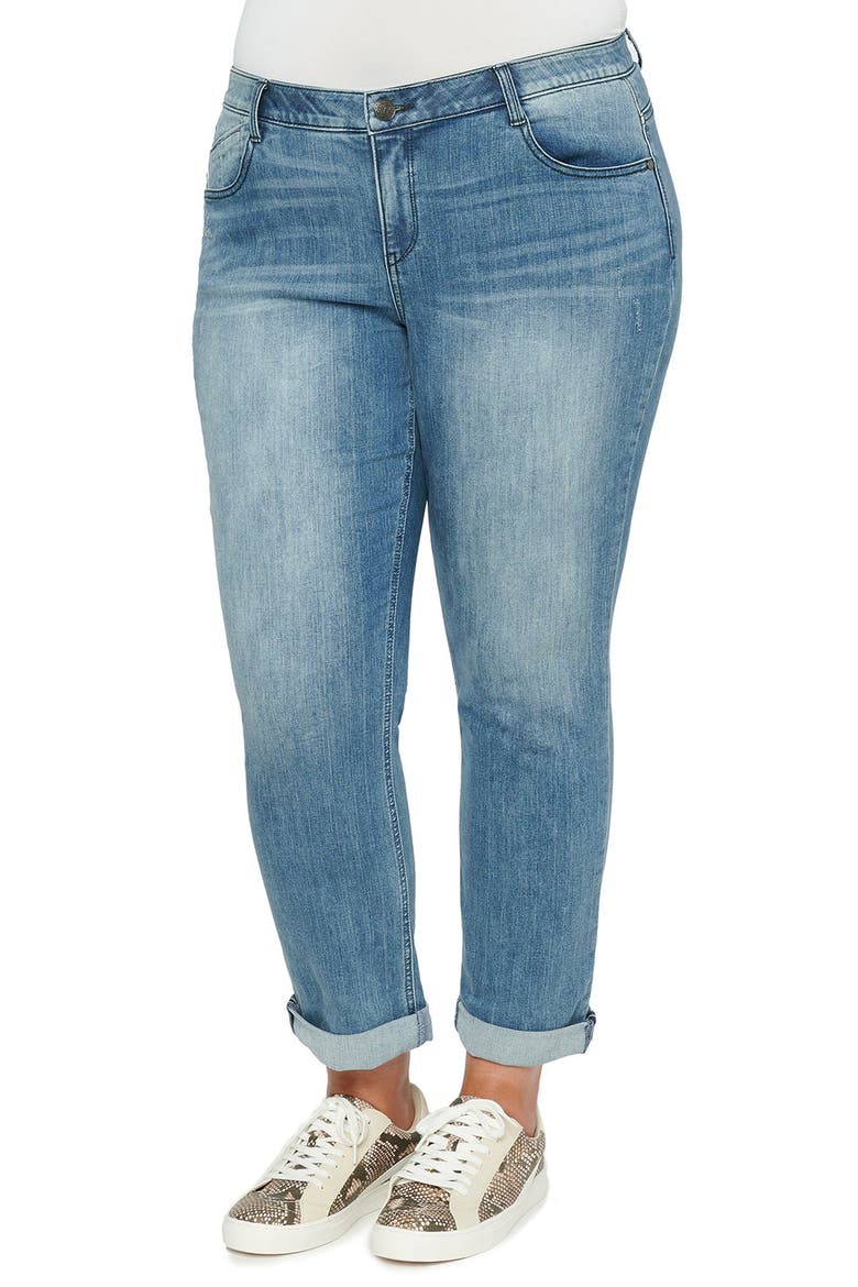 'Ab'Solution Distressed Girlfriend Jeans (Nordstrom Exclusive), Main, color, BLUE