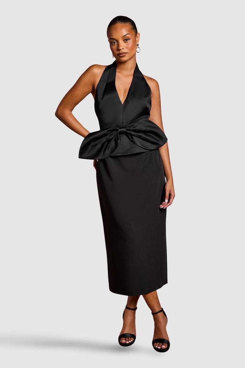 Petite Halter Satin Column Midi Dress, Main, color, Black