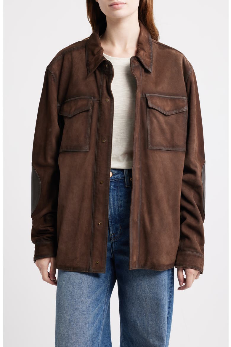 Suede & Leather Shacket, Main, color, DARK BROWN