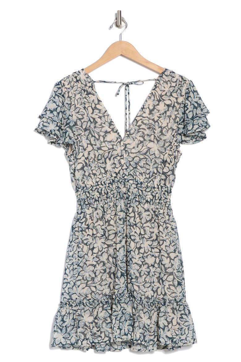 Floral Double Flutter Sleeve Minidress, Main, color, TEAL/ TAUPE