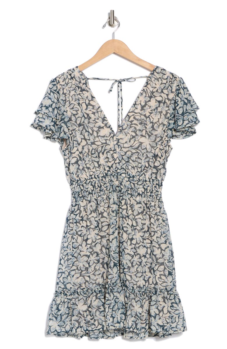 Lovestitch Floral Double Flutter Sleeve Minidress, Main, color, Teal/ Taupe