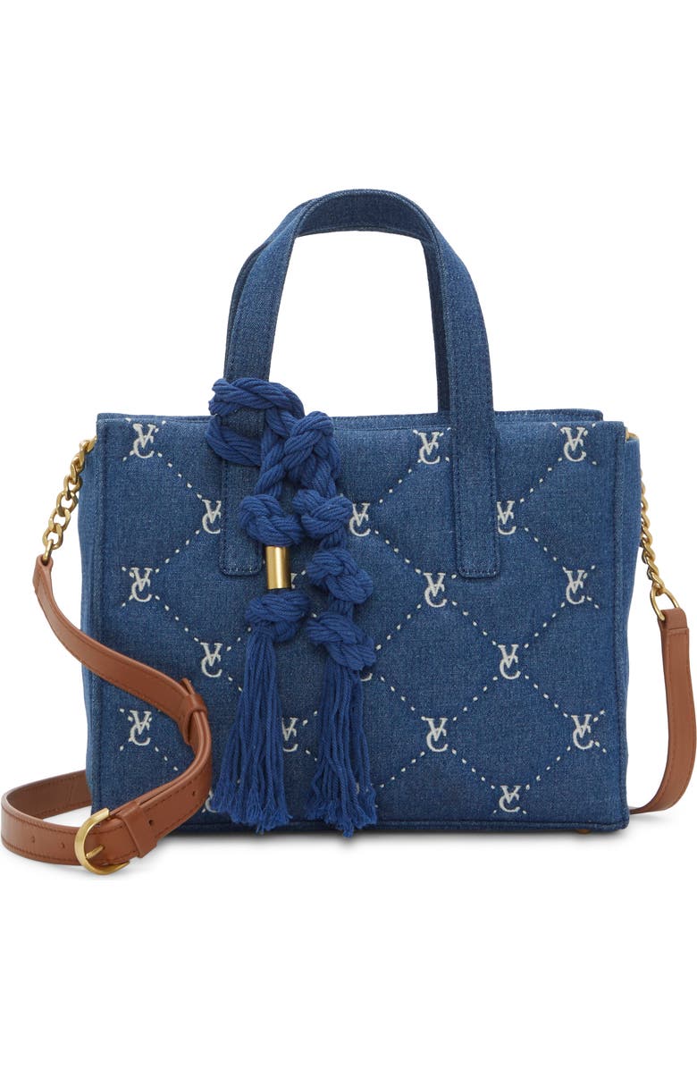 Vince Camuto Barry Quilted Denim Top Handle Bag, Main, color, Denim