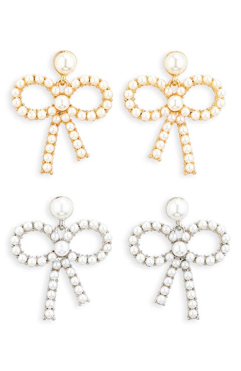 Set of 2 Faux Pearl Bow Drop Earrings