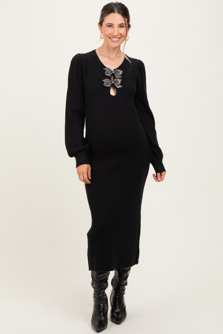 Ribbed Bow Detail Midi Sweater Dress, Alternate, color, Black