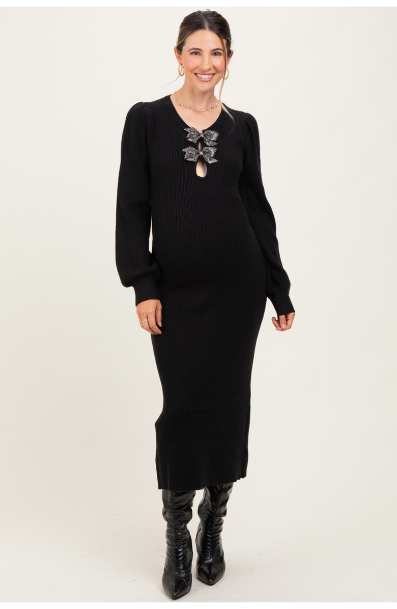 PinkBlush Ribbed Bow Detail Midi Sweater Dress, Alternate, color, Black