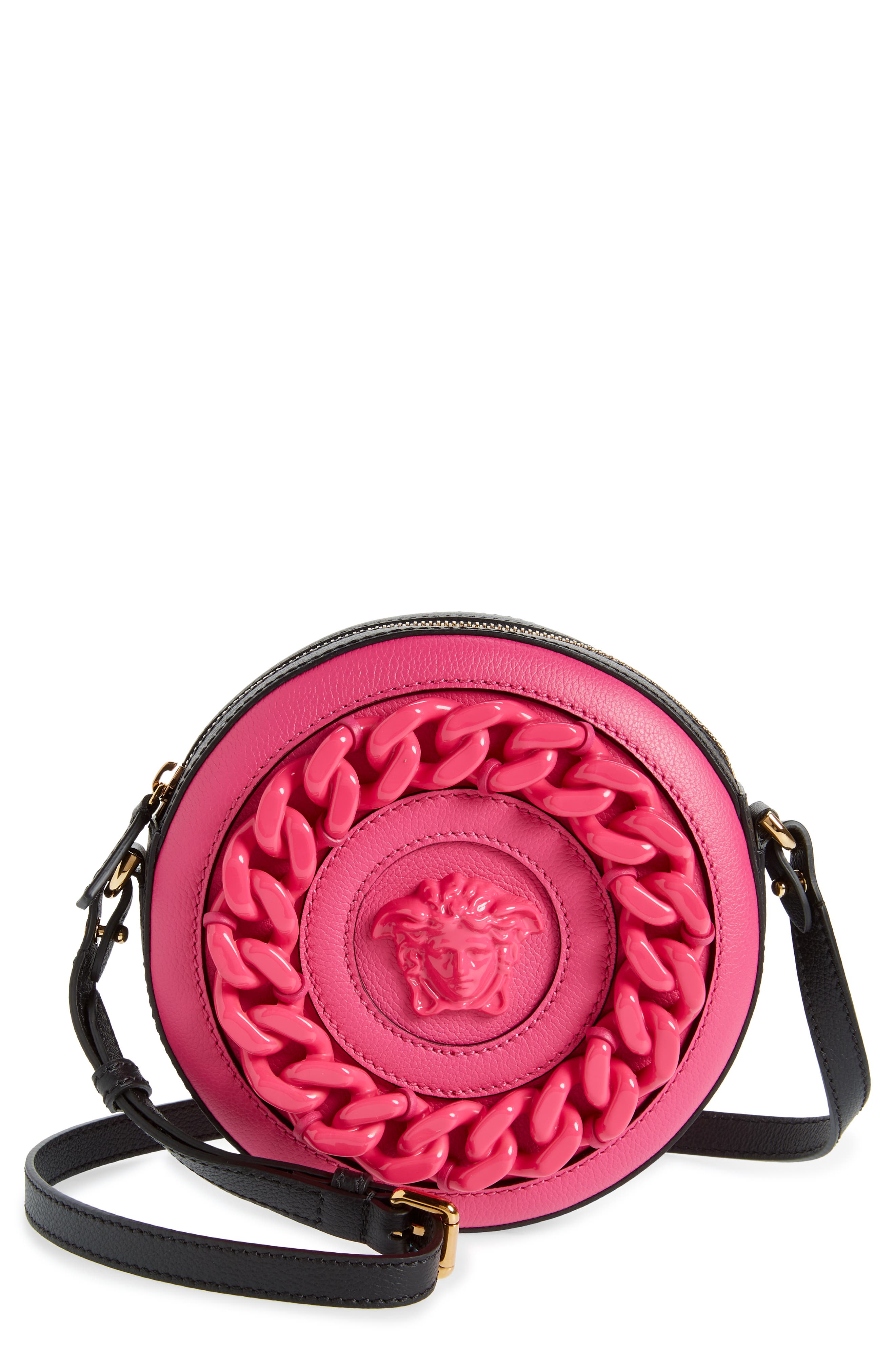 Medusa Chain Round Crossbody Camera Bag, Main, color, FUXIA BLACK-VERSACE GOLD