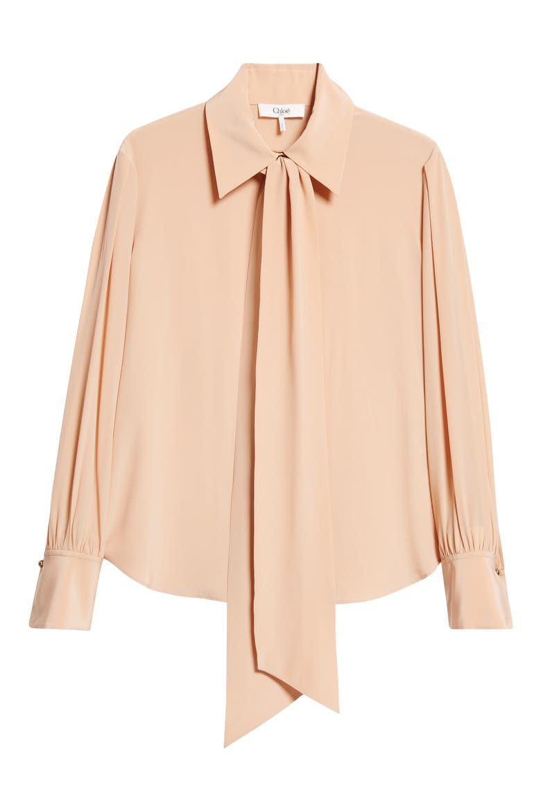 Tie Neck Silk Crêpe de Chine Button-Up Shirt, Alternate, color, SAND BROWN