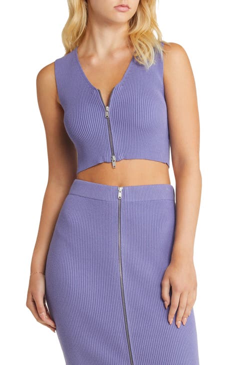 Zip Front Sleeveless Rib Crop Sweater