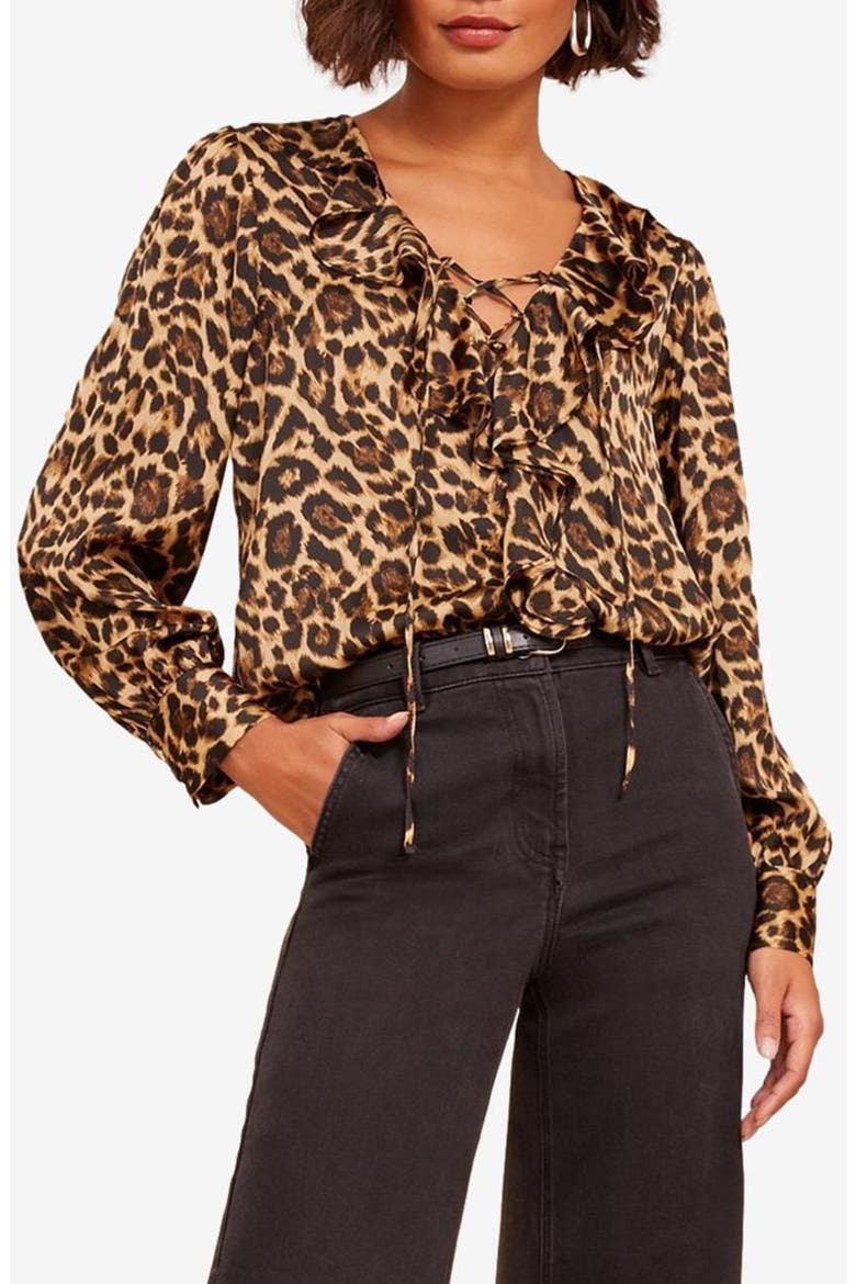 Leopard Print Ruffle Lace-Up Top, Main, color, NEUTRAL