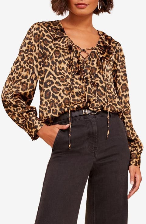 Leopard Print Ruffle Lace-Up Top