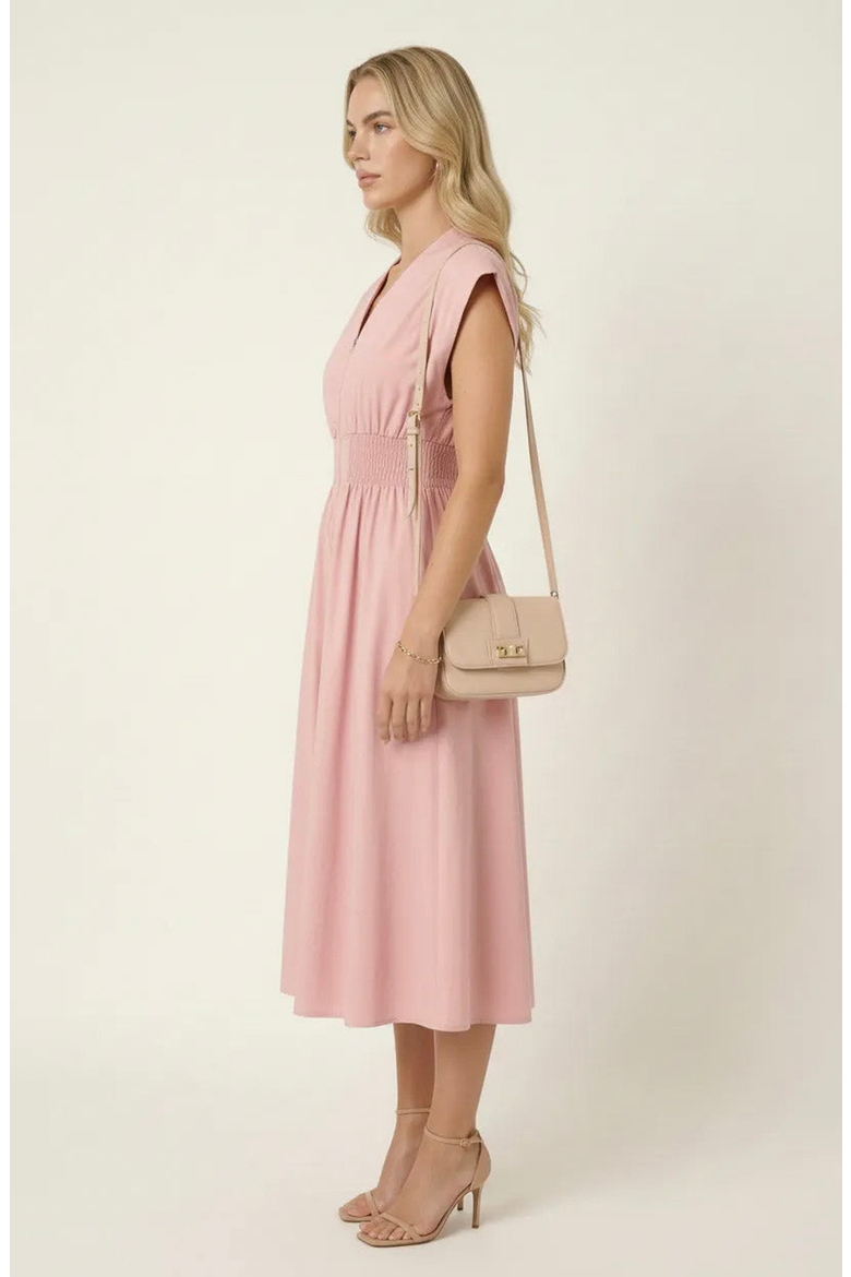Cap Sleeve Smocked Front Zip Midi Dress, Alternate, color, Blush Pink