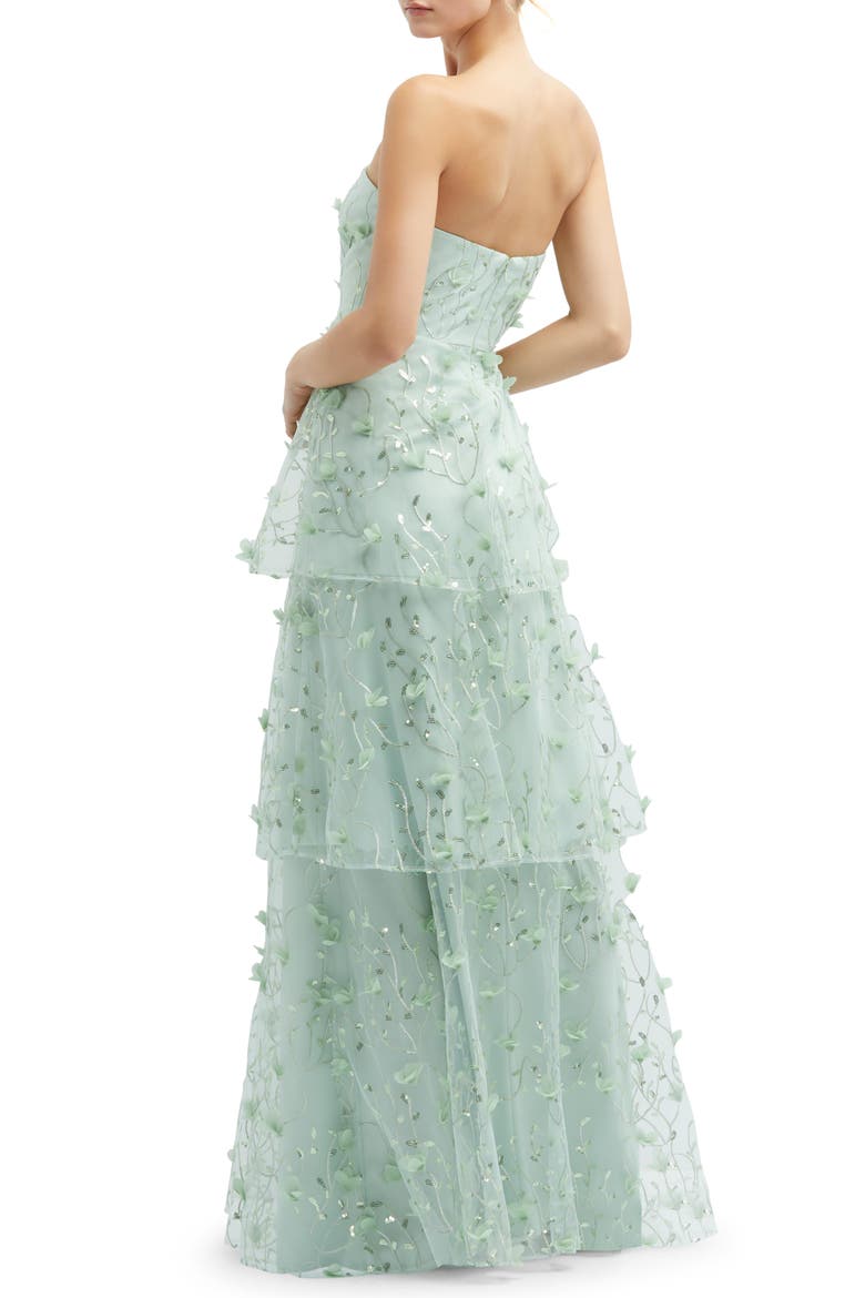 Sequin Embroidered Strapless Tiered Gown, Alternate, color, CELADON