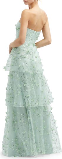 Sequin Embroidered Strapless Tiered Gown